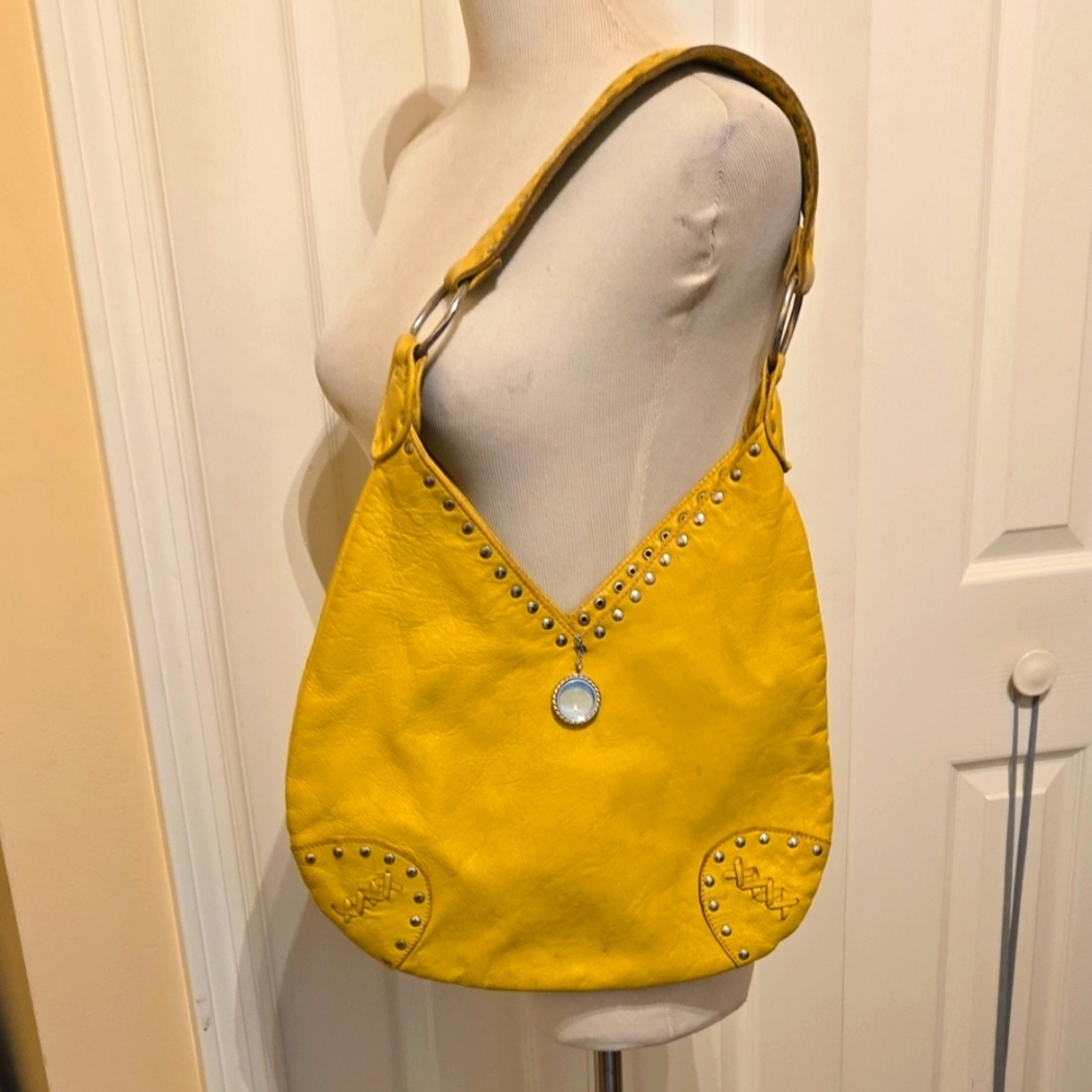 Yellow Studded Genuine Leather Shoulder Bag